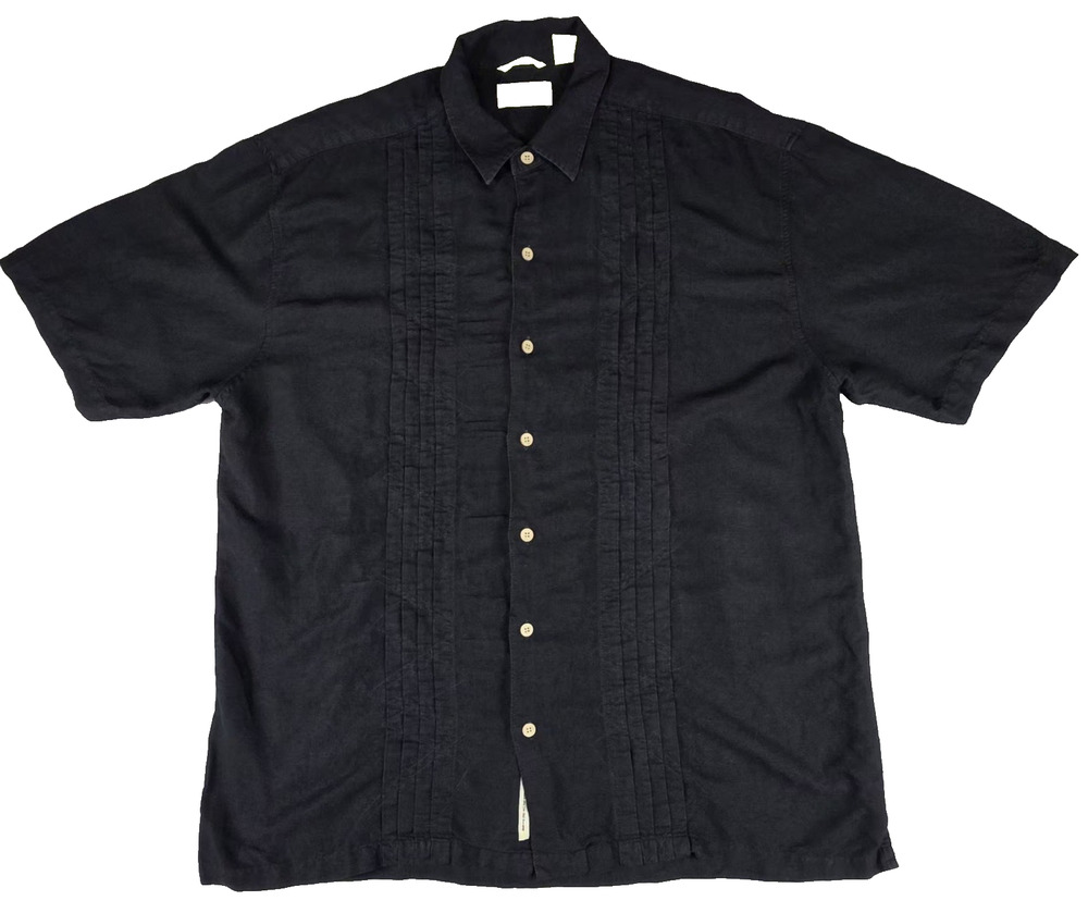 Cubavera Men's XL Guayabera Shirt Black Linen Blend Short Sleeve Pleated Casual